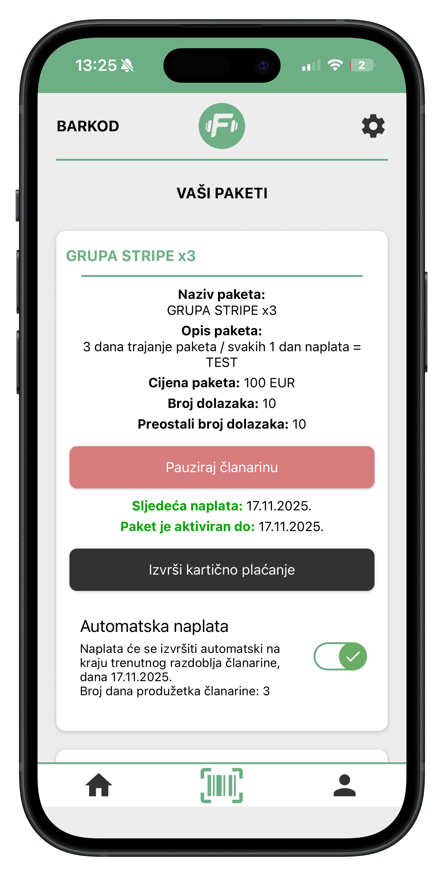 stripe integracija za fitness centre - automatska naplata